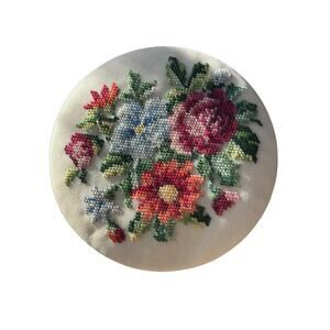 Vintage Floral Needlepoint Satin Box For Trinkets Jewelry or Sewing Notions